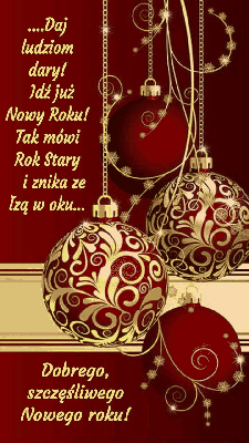 Czerwona kartka z bombkami i życzeniami na Nowy Rok